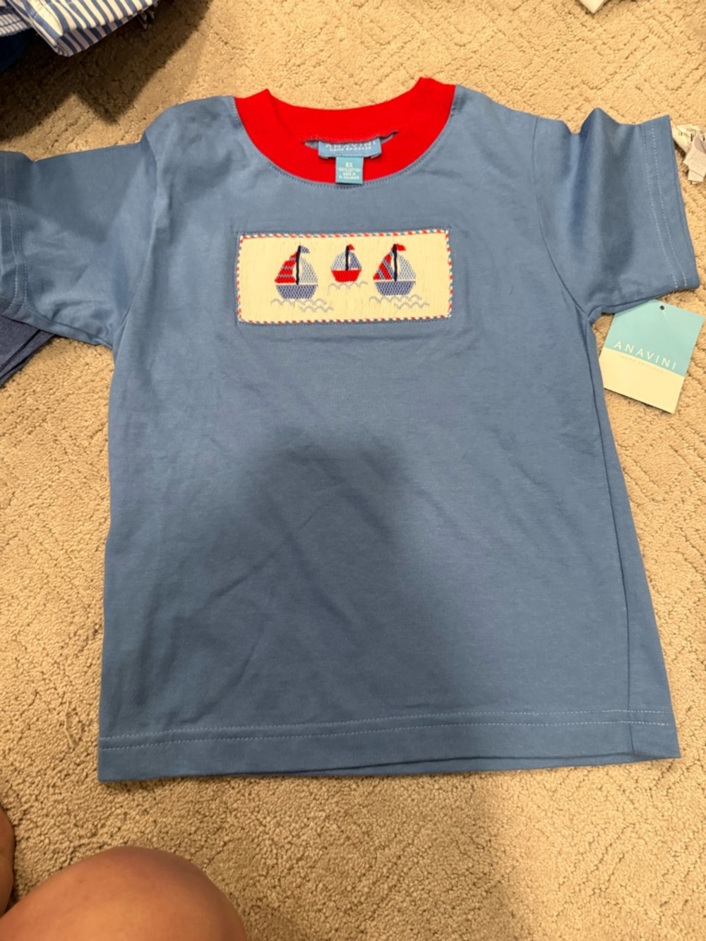 Anavini Boys' Light Blue Sailboat Smocked Short-Sleeve Tee with Red Trim